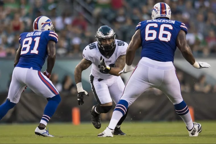Eagles first-round rookie, defensive end Derek Barnett, prepares to take on a double-team against the Bills in the game at Lincoln Financial Field on August 17.