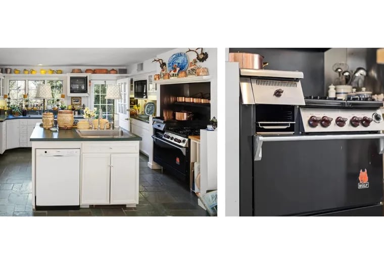 The kitchen at Buckshire (left) retains Julia Child's original choices, like the Wolf stove (right) that she cooked on during her frequent stays at the house, and a marble pastry countertop. Other features include a two-burner electric Gaggenau cooktop, a large cutting board in the center island, dual sinks, a silverware and linen chest, a breakfast room with a 6-foot-tall bay window and slate flooring.