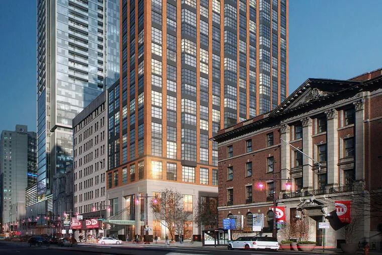 The Hyde at Broad and Pine Streets (center) and the SLS Lux (left), in an artist’s rendering with the view looking northeast on Broad Street. The plan is for differing price points to prevent the hotels from competing with each other.