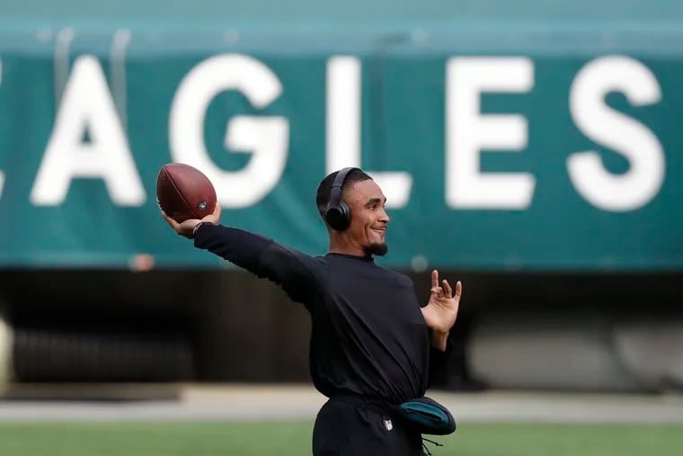 Eagles quarterback Jalen Hurts during warm-ups before the game Sunday vs. the Saints.