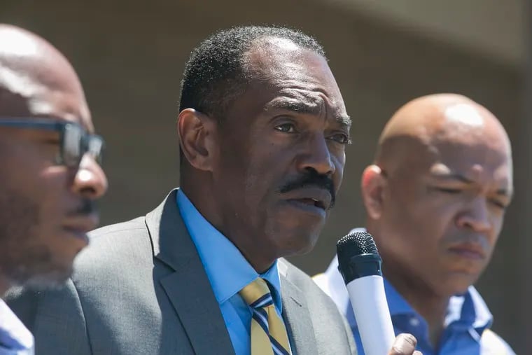 Philadelphia NAACP President Rodney Muhammad speaks at a protest about racial profiling at Lowes in West Philadelphia on the afternoon of Saturday, July 7, 2018.