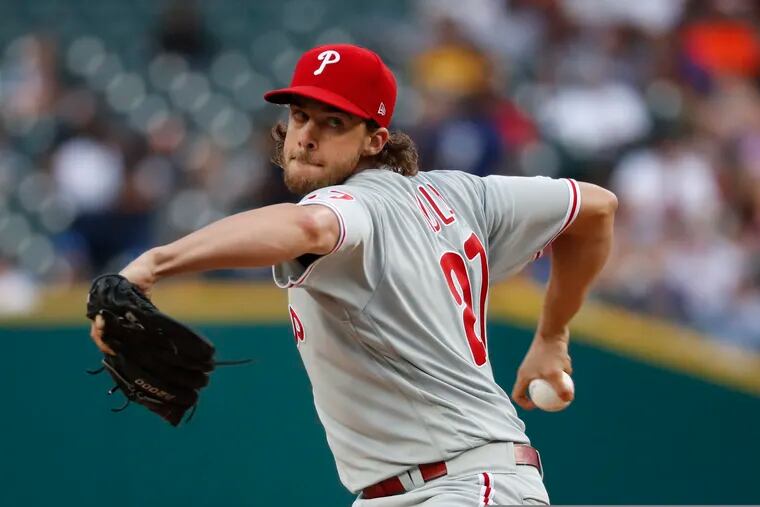 Aaron Nola tossed seven strong innings in the Phillies' 15-inning, 3-2 victory over the Tigers on Tuesday night in Detroit.