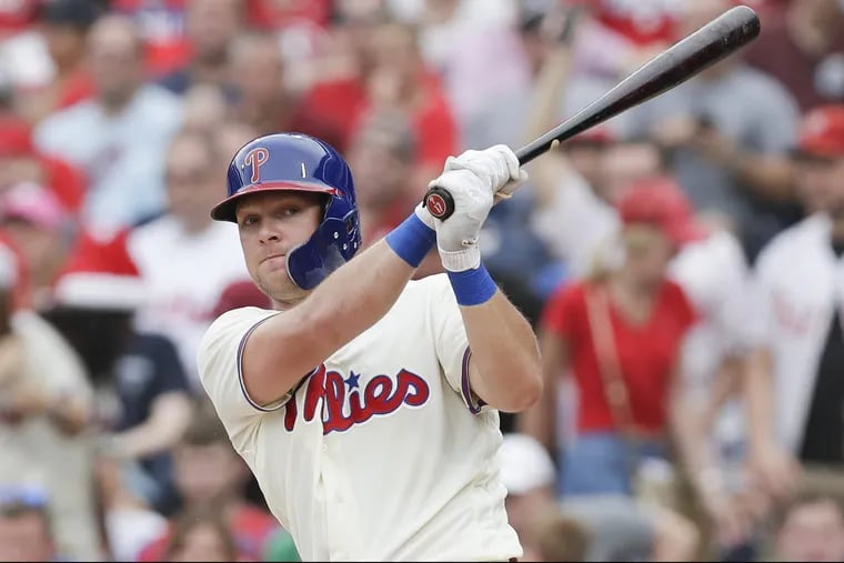Phillies left fielder Rhys Hoskins has 40 home runs and 120 RBIs after one calendar year in the big leagues.