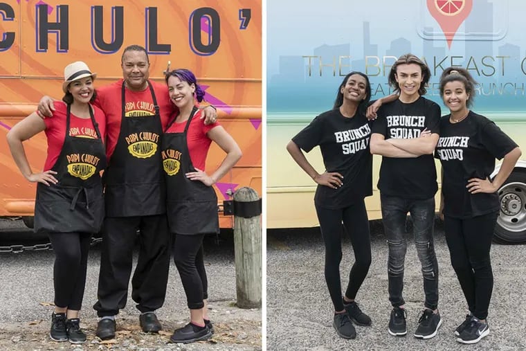 “The Great Food Truck Race” on the Food Network includes two teams from the Philadelphia area. At left: Sarah Hasbun, Luis Lara Polanco, Carleena Lara-Bregatta of Papi Chulo’s Empanadas. At right: The Breakfast Club features Ashanti Dixon (left), Mikey Robins, and Taylor Randolph.