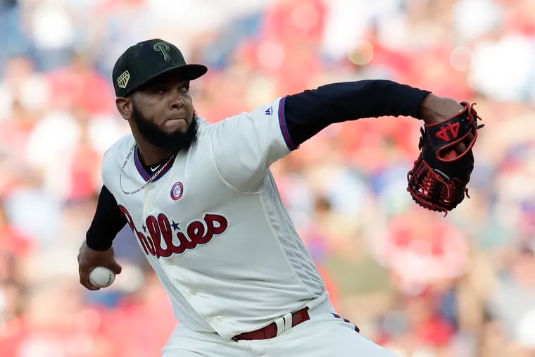 Phillies pitcher Seranthony Dominguez throws the baseball against the Colorado Rockies on Saturday, May 18, 2019 in Philadelphia.