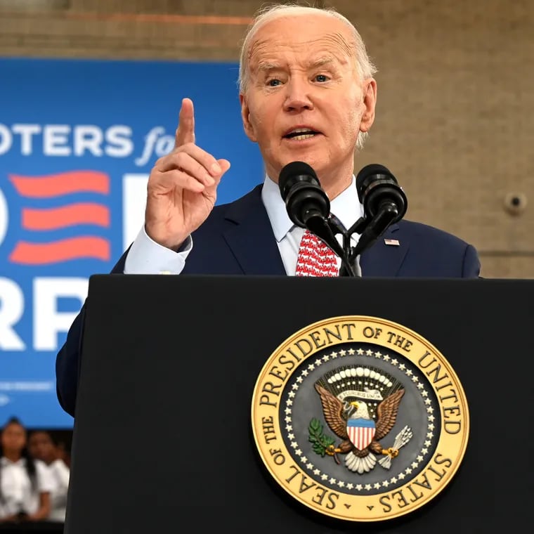 President Joe Biden speaks onstage in the gym at Girard College on Wednesday. He was joined by Vice President Kamala Harris to kick off their campaign’s “Black Voters for Biden-Harris” effort during a rally at the majority-Black prep school in Fairmount.