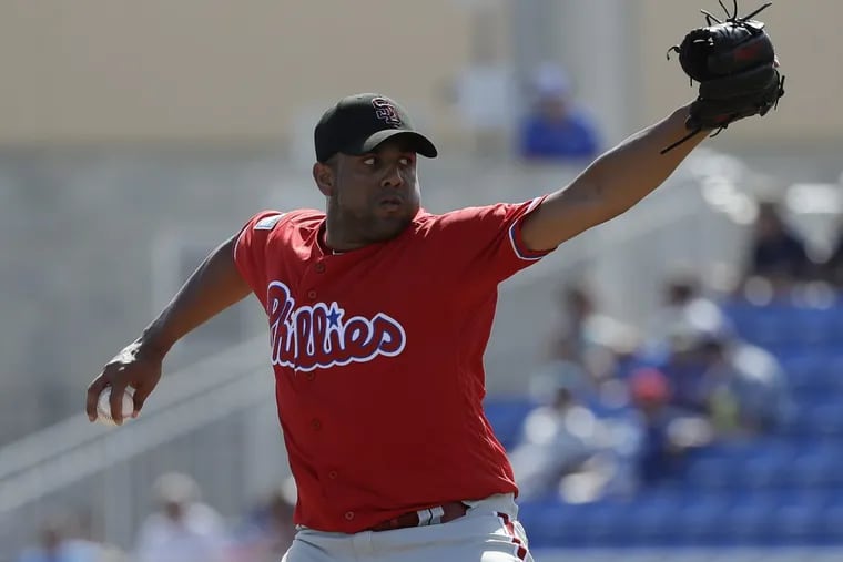 Phillies pitcher Francisco Rodriguez throws a fifth-inning pitch against the Toronto Blue Jays during a spring training game at Dunedin Stadium in Dunedin, FL on Friday, February 23, 2018.
