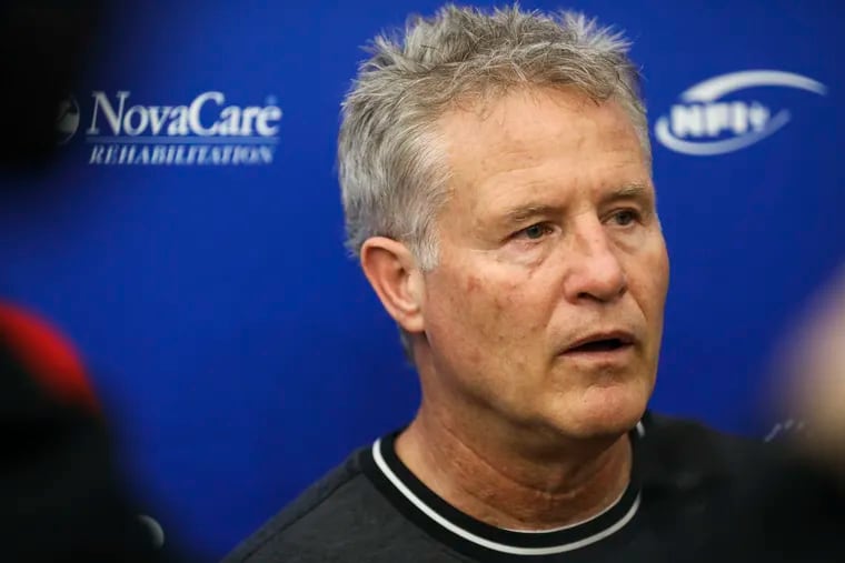 Coach Brett Brown takes questions during Sixers practice Thursday.