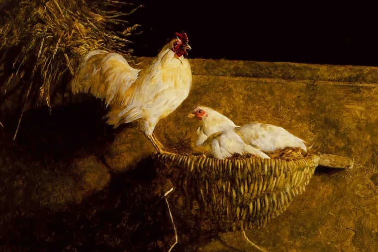 Jamie Wyeth's regal portrait of white leghorns is among 70 works in the current show - his largest ever at the Brandywine River Museum and his third in four years. It collects work the artist, who will be 65 Wednesday, has done over the last half-century.