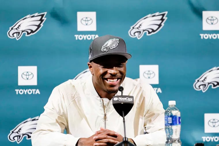 Eagles first-round draft pick Quinyon Mitchell during an introductory press conference at the NovaCare Complex on Friday.
