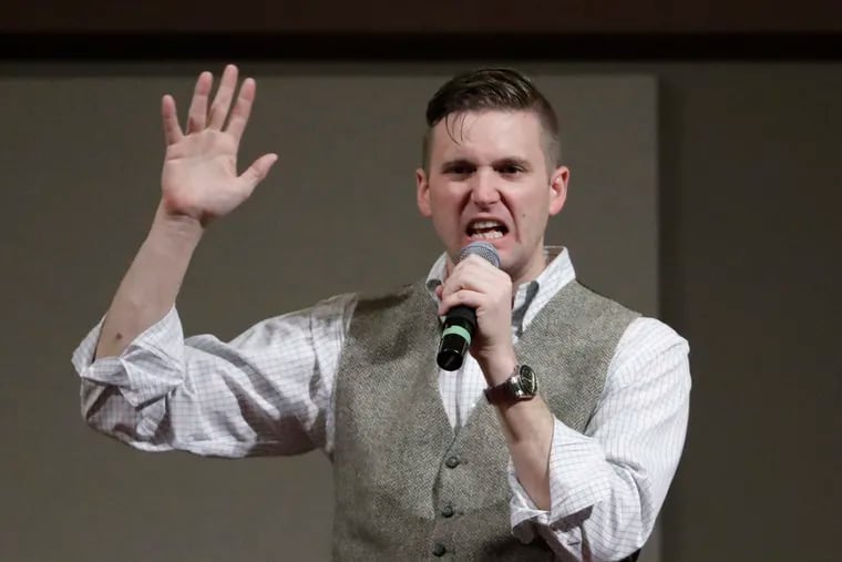 FILE - In this Dec. 6, 2016, file photo, Richard Spencer, who leads a movement that mixes racism, white nationalism and populism, speaks at the Texas A&M University campus in College Station, Texas. A trial is beginning in Charlottesville, Virginia to determine whether white nationalists who planned the so-called “Unite the Right” rally will be held civilly responsible for the violence that erupted.