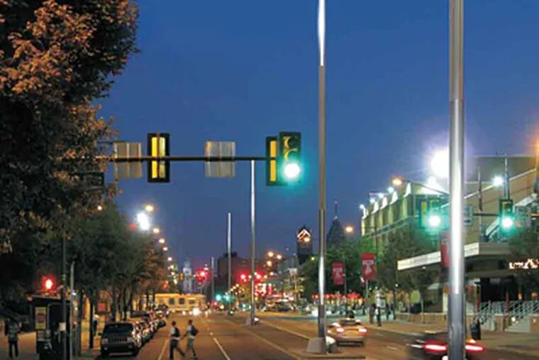 Artist's idea of stainless-steel lamps to run 2 1/2 miles north up the street's center, set for 2012. &quot;The ultimate goal,&quot; said an official, &quot;is to invigorate North Broad.&quot;