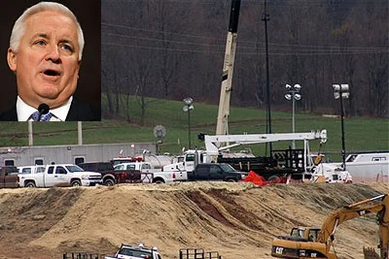 The excuses of Pennsylvania Gov. Tom Corbett (inset) on why he won't tax an industry that's polluting the environment don't add up, especially after a blowout spilled thousands of gallons of chemical-laced water Wednesday at a well site near Canton, in Bradford County. (AP Photos)