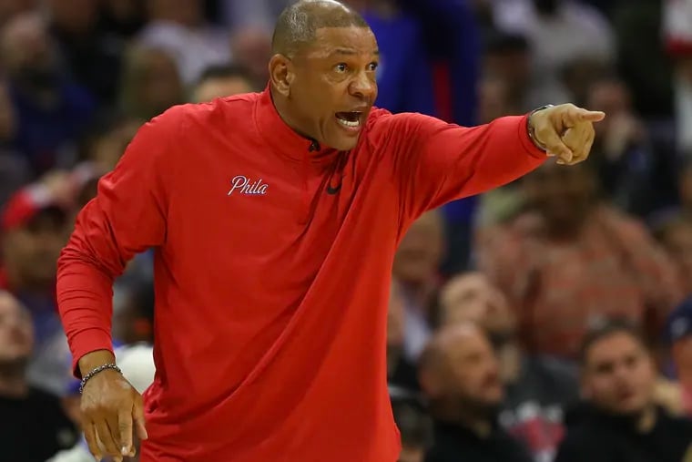 Sixers head coach Doc Rivers yells to his team against the Brooklyn Nets in Game 2 of the first round Eastern Conference playoffs on Monday, April 17, 2023 in Philadelphia.
