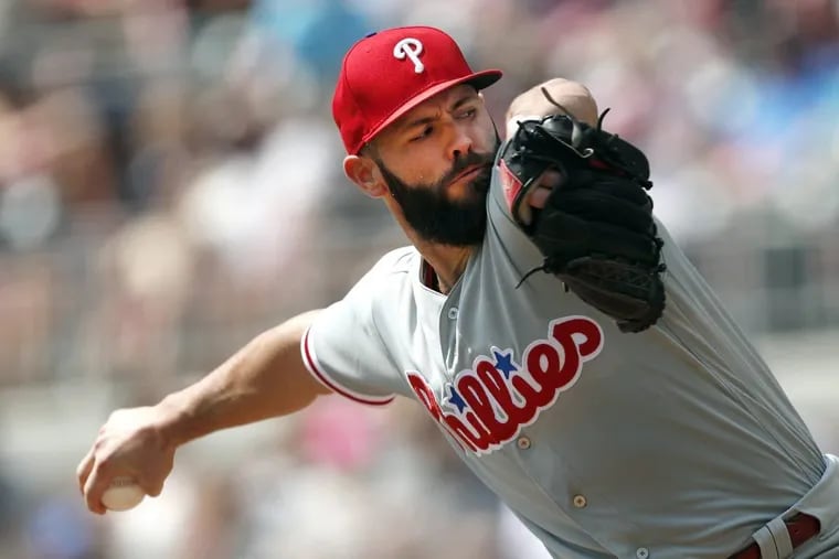 Philadelphia Phillies starting pitcher Jake Arrieta works against the Atlanta Braves in the first inning of a baseball game Saturday, Sept. 22, 2018, in Atlanta.