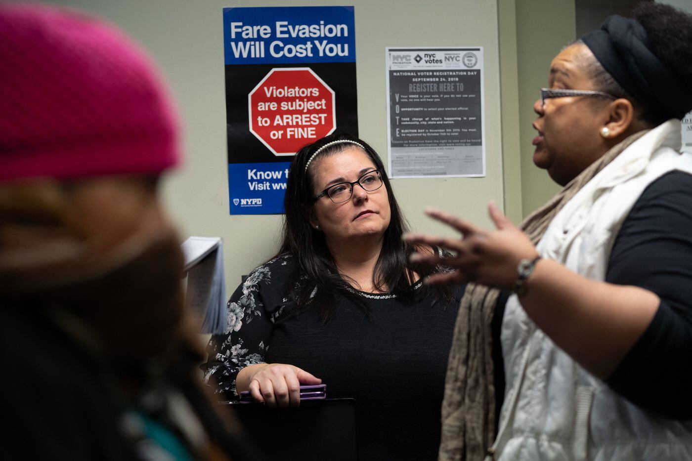 Annette Carchidi, Bronx Community Progression branch chief, talks with Gail Jones, branch chief of Bronx Client Development North High-Risk and the NeON Satellites and the Cease Fire Initiative. 