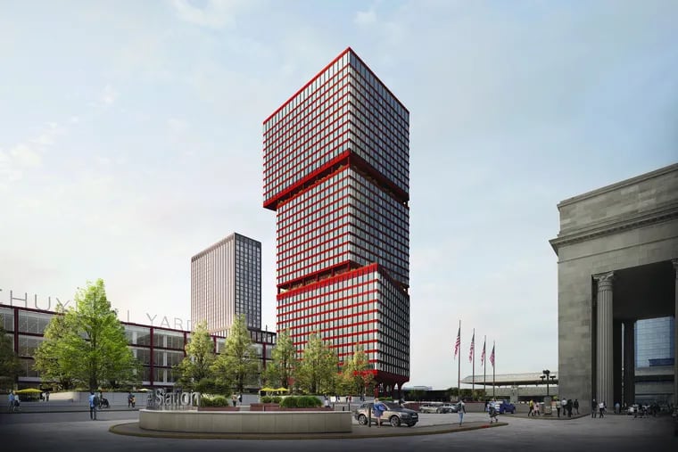 The main office tower is comprised of three block-like segments and will be a vivid red. It overlooks JFK Boulevard and the new Drexel Square Park.