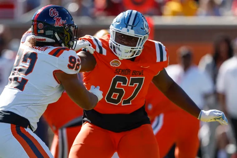 National offensive lineman Asim  Richards of North Carolina (67) during the first half of the Senior Bowl NCAA college football game Saturday, Feb. 4, 2023, in Mobile, Ala..