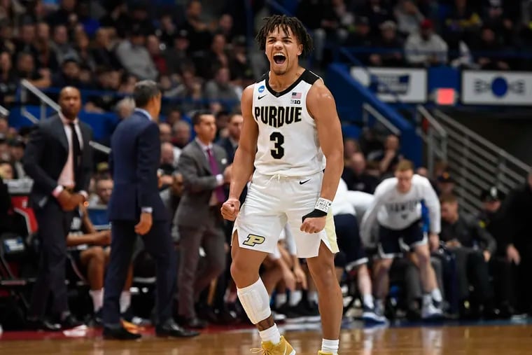 Purdue's Carsen Edwards (3) reacts during the first half of a second-round men's college basketball game against Villanova in the NCAA tournament March 23 in Hartford, Conn. (AP Photo/Jessica Hill)