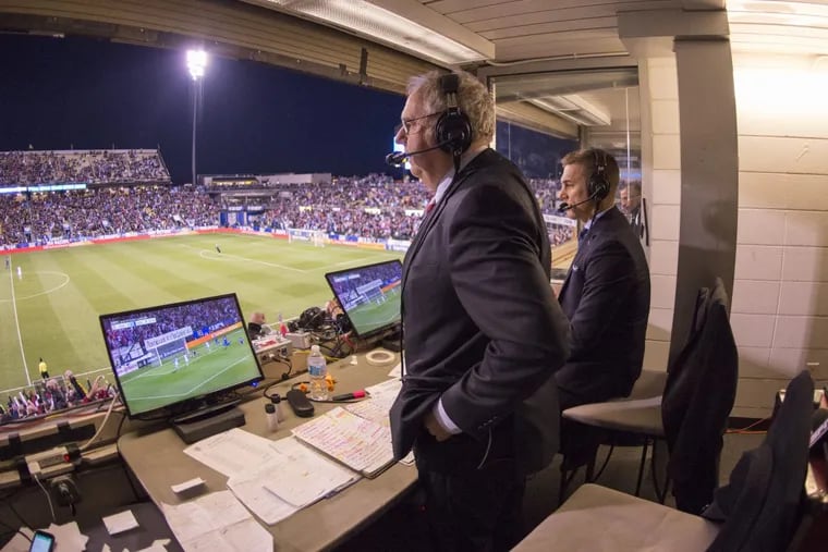 Ian Darke (center) will call the United States men’s national soccer team’s World Cup qualifier against Panama for ESPN2 with Taylor Twellman (right).
