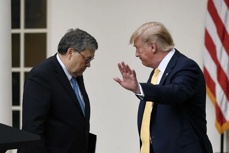 President Donald Trump and Attorney General William Barr during a news conference about U.S. citizenship status for the upcoming 2020 census at the White House on Thursday, July 11, 2019, in Washington, D.C.
