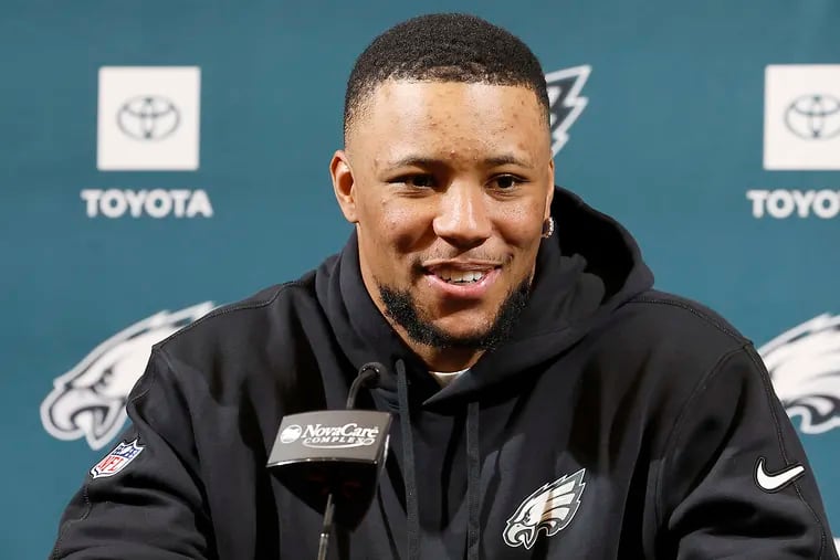 New Eagles running back Saquon Barkley speaks during an introductory news conference at the NovaCare Complex in Philadelphia on Thursday.
