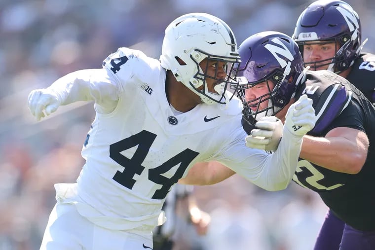 Chop Robinson #44 of the Penn State Nittany Lions rushes the quarterback against the Northwestern Wildcats during the second half at Ryan Field on September 30, 2023 in Evanston, Illinois.