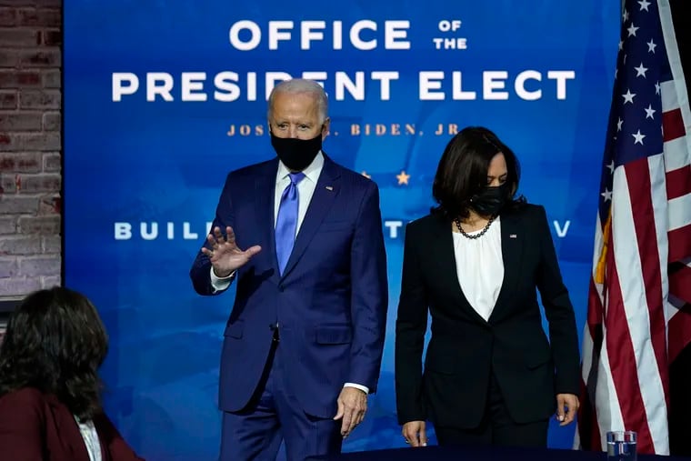 President-elect Joe Biden and Vice President-elect Kamala Harris arrive at an event to introduce their nominees and appointees to economic policy posts at The Queen theater, Tuesday, Dec. 1, 2020, in Wilmington, Del. (AP Photo/Andrew Harnik)
