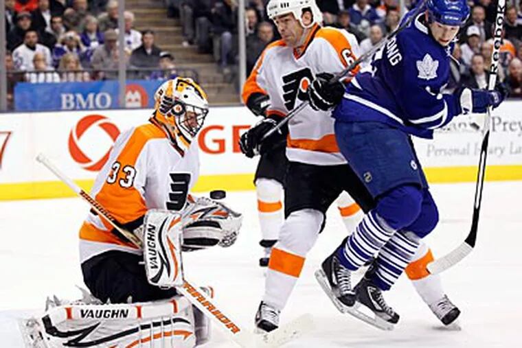 Flyers goalie Brian Boucher makes a save in the second period. (Frank Gunn/AP/The Canadian Press)