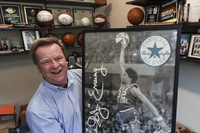 University of the Sciences coach David Pauley, 60, has a career made from Philly. His office shows it, with an old Converse ad from Dr. J and a Dick Allen Sports Illustrated cover. Pauley is a lifelong Mummer, comics division, product of Ridley High, but also a “lifelong” learner. His office is a living hoops archive.
