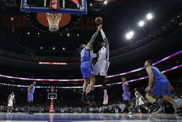 Philadelphia 76ers' Nerlens Noel in action during an NBA basketball
game against the Oklahoma City Thunder, Friday, March 18, 2016, in
Philadelphia.