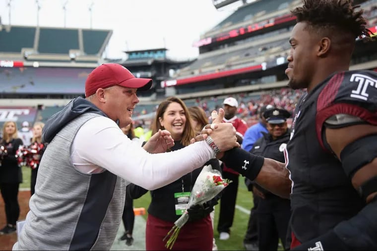 Temple head coach Geoff Collins greets Temple defensive lineman Jacob Martin (9) during the senior day ceremony before a game against UCF at Lincoln Financial Field on Saturday, Nov 18, 2017. TIM TAI / Staff Photographer