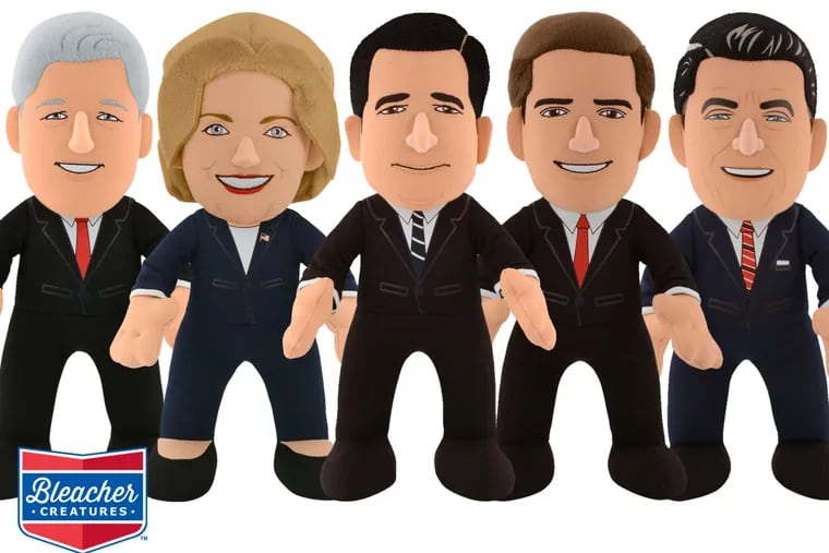 The latest plush figurines are (from left) Bill and Hillary Clinton, Ted Cruz, Marco Rubio, Ronald Reagan.