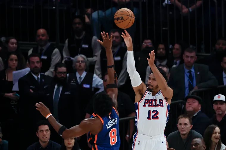 Sixers forward Tobias Harris shoots the basketball over New York Knicks forward OG Anunoby during Game 5 of their first-round series.