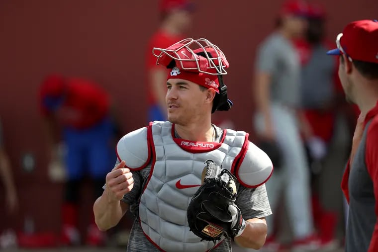 Phillies catcher J.T. Realmuto pausing a workout last week in Clearwater, Fla.