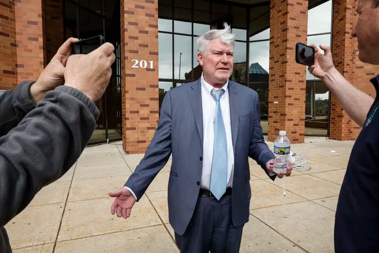 Testimony begins for former labor leader John Dougherty's shown here leaving federal court talking to the media in his third federal felony trial. He's charged along with his nephew, Greg Fiocca, of extorting the general contractor. Reading Federal Courthouse, Wednesday, April 17, 2024.