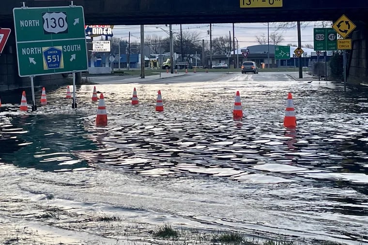 The Brooklawn Circle at 7 a.m. on Friday, March 15.  Local business owners and residents say flooding often forces the closure of the circle. Water tends to remain in the low-lying portion of the circle under the railroad overpass.