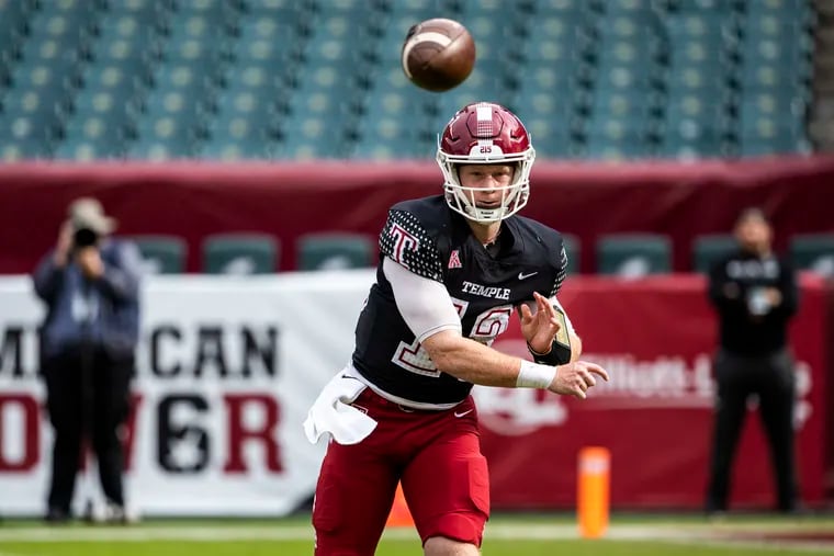 Temple Owls quarterback Justin Lynch (13), starting in place of injured D'Wan Mathis, throws a first-half pass against Houston. In just his third start, completed 11 of 23 passes for 119 yards and threw two interceptions.