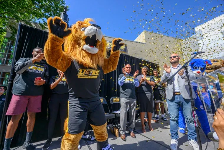 "Roary," the Community College of Philadelphia's new mascot, arrives with much fanfare during a rally unveiling him Tuesday, Sept. 17, 2019 on the main campus, at 17th and Spring Garden Streets.