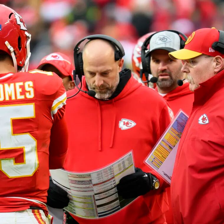 Kansas City Chiefs head coach Andy Reid (right) with offensive coordinator Matt Nagy and quarterback Patrick Mahomes during a game against the Las Vegas Raiders on Dec. 25.