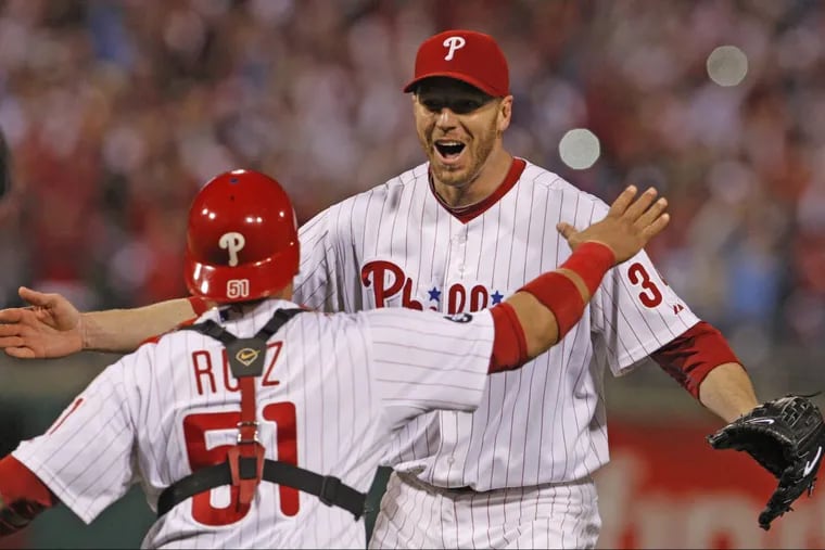 Roy Halladay and Carlos Ruiz celebrating the playoff no-hitter in 2010.