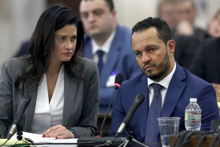 Albert Alvarez testifies alongside his attorney Stacy Ann Biancamano, left, before the joint legislative oversight committee, Tuesday March 12, 2019 in Trenton. Alvarez, a former Murphy administration official accused of sexual assault but not criminally charged, answered questions regarding the administration's hiring practices.