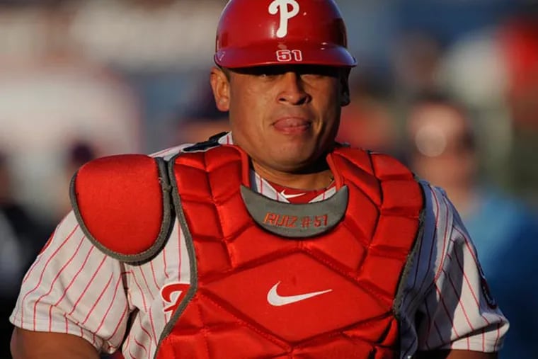 Carlos Ruiz begins his rehab assignment playing for the Reading Phillies against the New Hampshire Fisher Cats Friday, April 24, 2013 in Reading, PA. (Bradley C Bower/Staff Photographer))