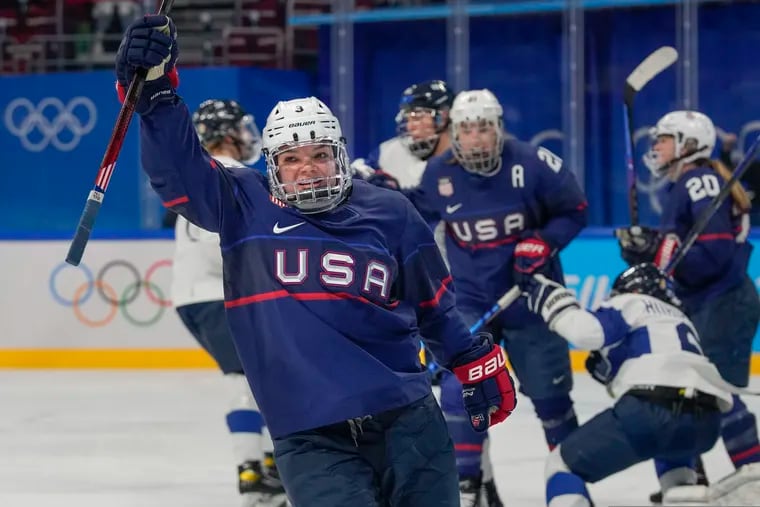 The United States' Cayla Barnes celebrates after scoring a goal Monday against Finland during a women's semifinal hockey game at the 2022 Winter Olympics.