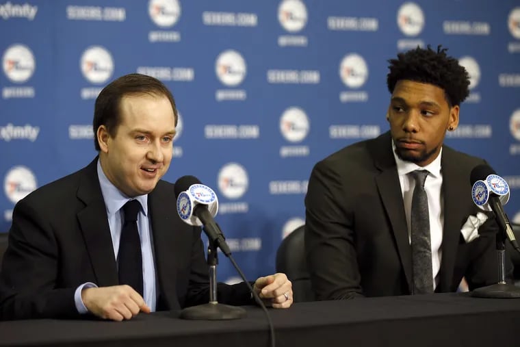 Then-Sixers GM Sam Hinkie introduces Jahlil Okafor, the Sixers' top pick of the 2015 draft to the media. Two years later, Okafor would be demanding a trade.
