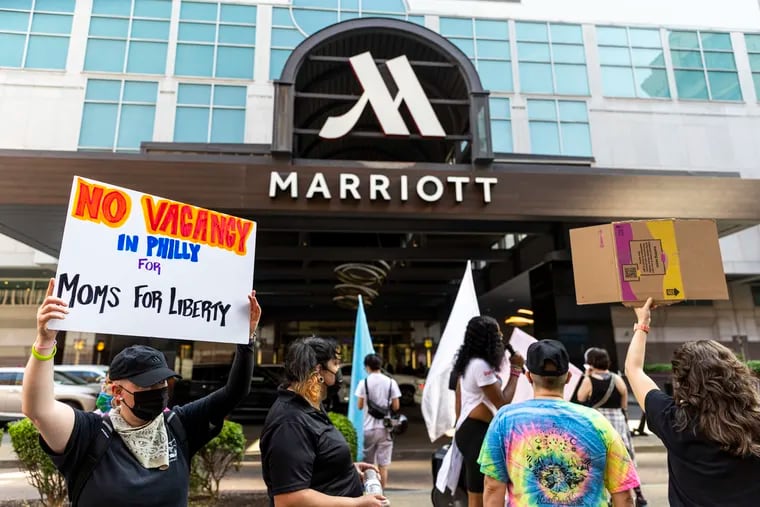 Protestors at the Marriott last month, which is set to host Moms for Liberty’s National Summit in June 29-July 2.