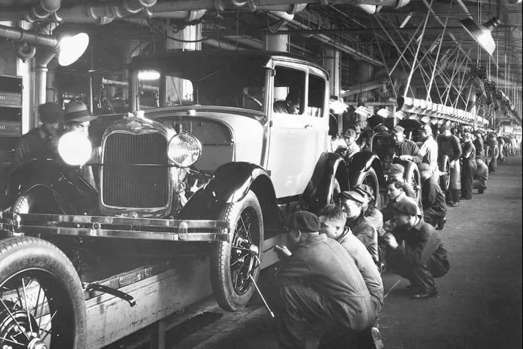 A 1932 Ford Model A on the assembly line at the Rouge plant in Dearborn, Mich.