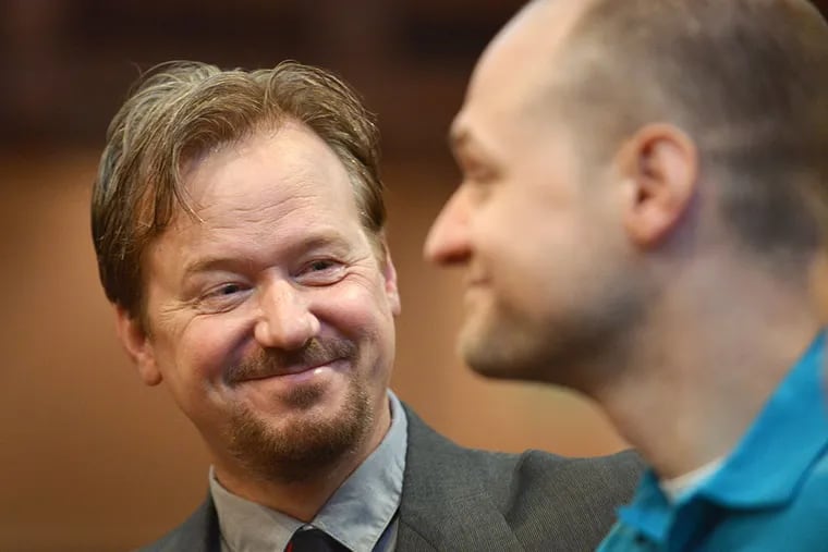 In this June 14, 2014 photo, Frank Schaefer, left, and his son Tim Schaefer speak before a ceremony where Frank Schaefer received an award for his public advocacy marking 10 years of legal gay marriage in Massachusetts. (AP Photo/Josh Reynolds)