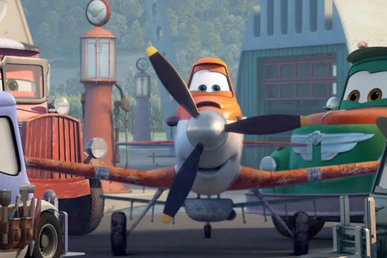 Dusty, a single-prop crop duster, is flanked by (from left) Dottie the forklift, Fred the fire truck, Chug the fuel truck, and Roper. (Disney Enterprises)