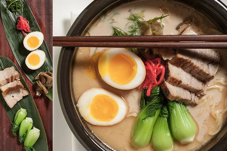 Morimoto's tonkotsu ramen is a rich soup of pork broth, scallion, pickled red ginger, soy-marinated egg, pickled turnip, bork belly, and bok choy.  ( Matthew Hall / Staff Photographer )